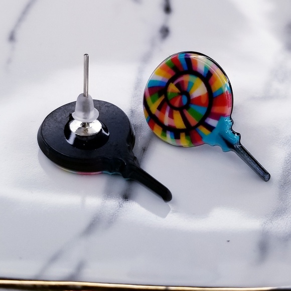 Large Cartoon Lollipop Candy Resin Stud Earrings - Picture 3 of 3